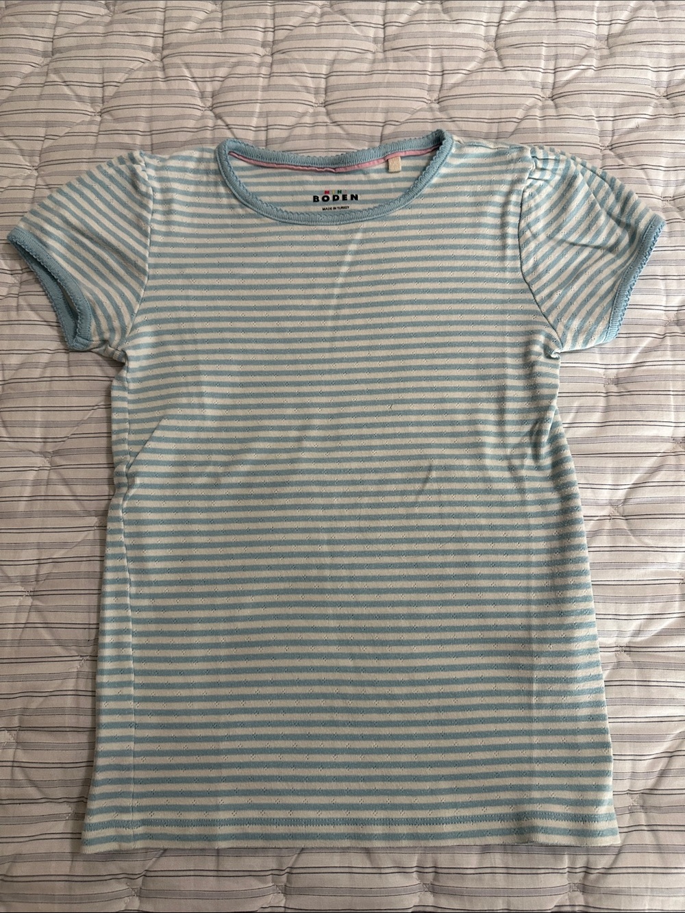 Boden Girls Light Blue & White Striped Short Sleeve Tee